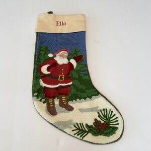 LL Bean Santa Claus Hand Hooked Christmas Stocking Embroidered ELLA 100% Cotton